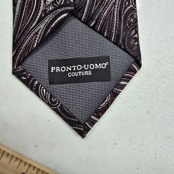 Pronto Uomo Couture Neck Tie Black Burgundy Silver Paisley 100% Silk - Picture 5 of 5